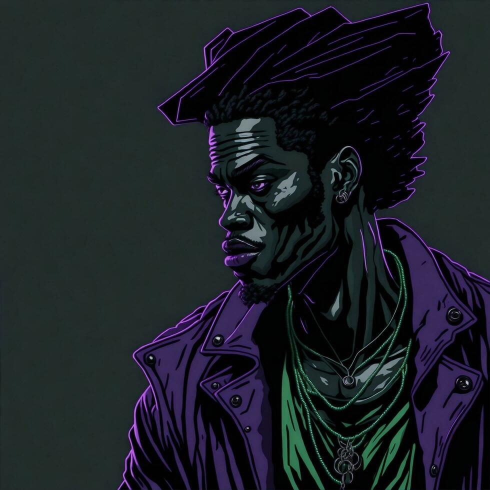 Black Rapper Illustration With Duotone Style, Purple and Green Color, Ai Generative photo