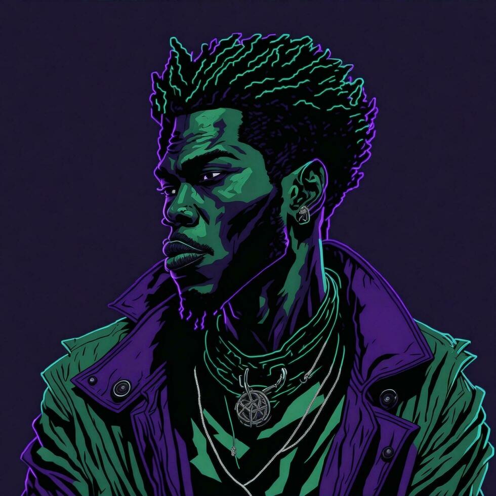 Black Rapper Illustration With Duotone Style, Purple and Green Color, Ai Generative photo