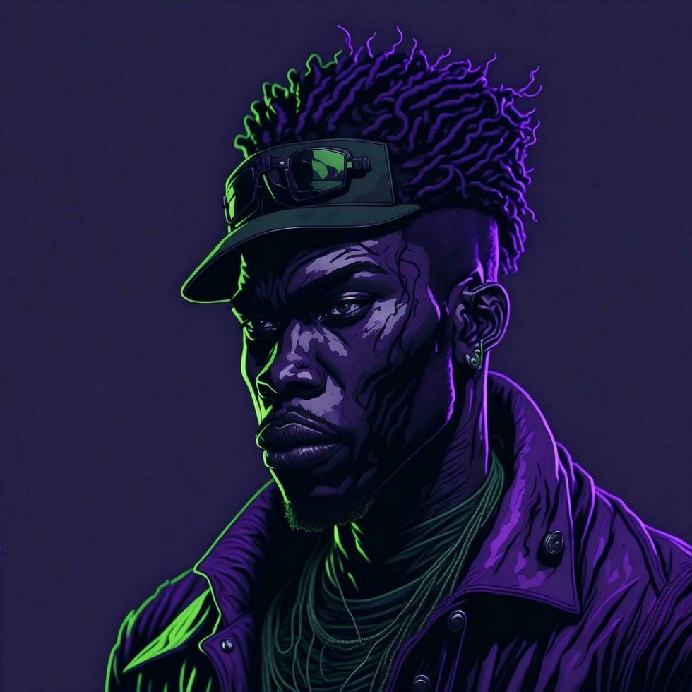 Black Rapper Illustration With Duotone Style, Purple and Green Color, Ai Generative photo