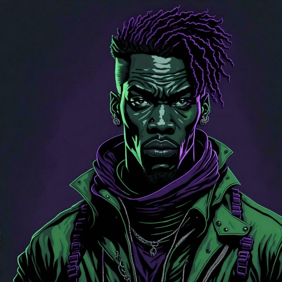 Black Rapper Illustration With Duotone Style, Purple and Green Color, Ai Generative photo