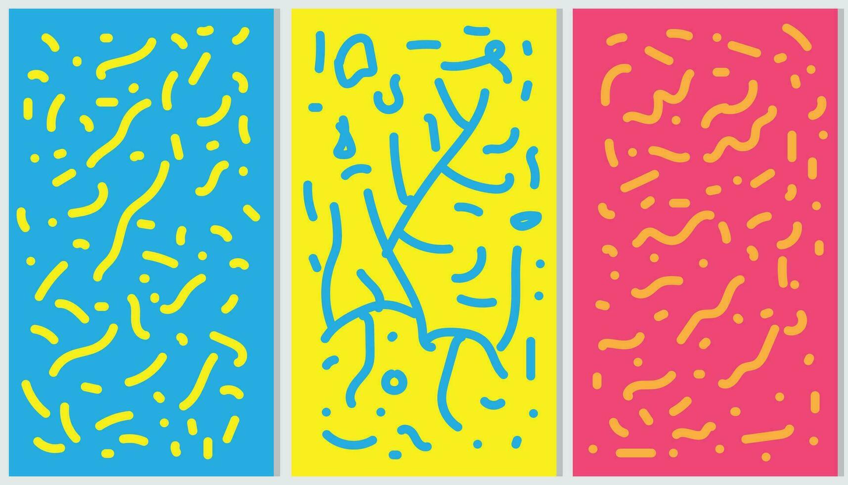 Set Fun Color line doodle seamless pattern, Creative abstract squiggle style drawing background for children, or trendy design with basic shapes. Simple childish scribble wallpaper print. vector