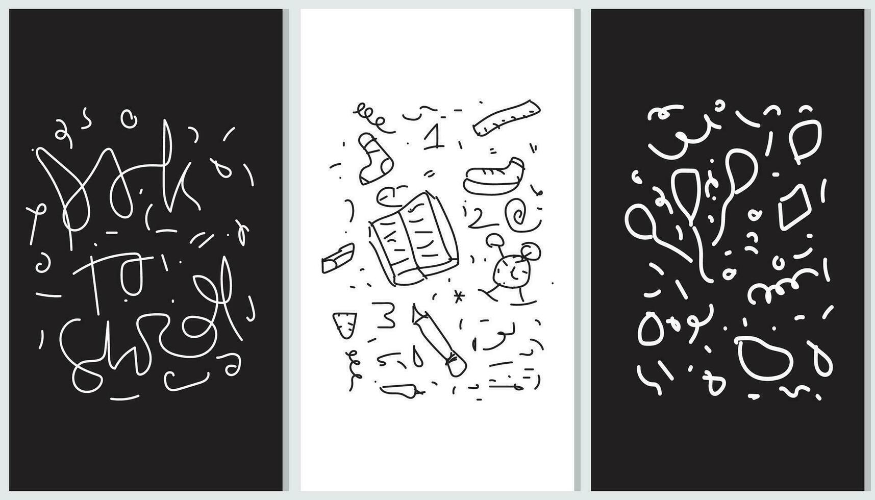 Fun black and white line back-to-school doodle seamless pattern set. Creative abstract style drawing background vector