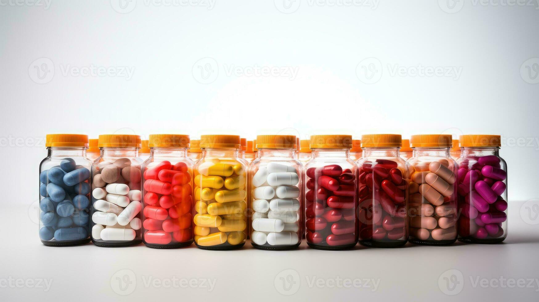 botella de medicina vistoso pastillas y cápsulas blanco antecedentes foto