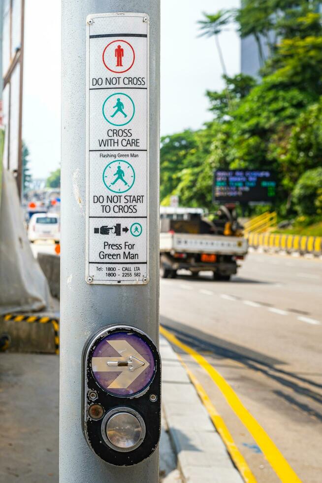 Close up button at traffic lights on pedestrian crossing photo