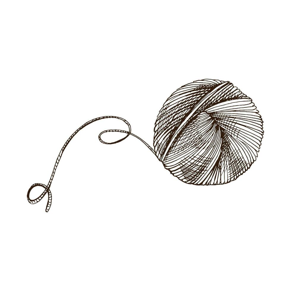 Hand drawn sketch of ball of threads. Handmade, knitting equipment concept in vintage doodle style. Engraving style. vector