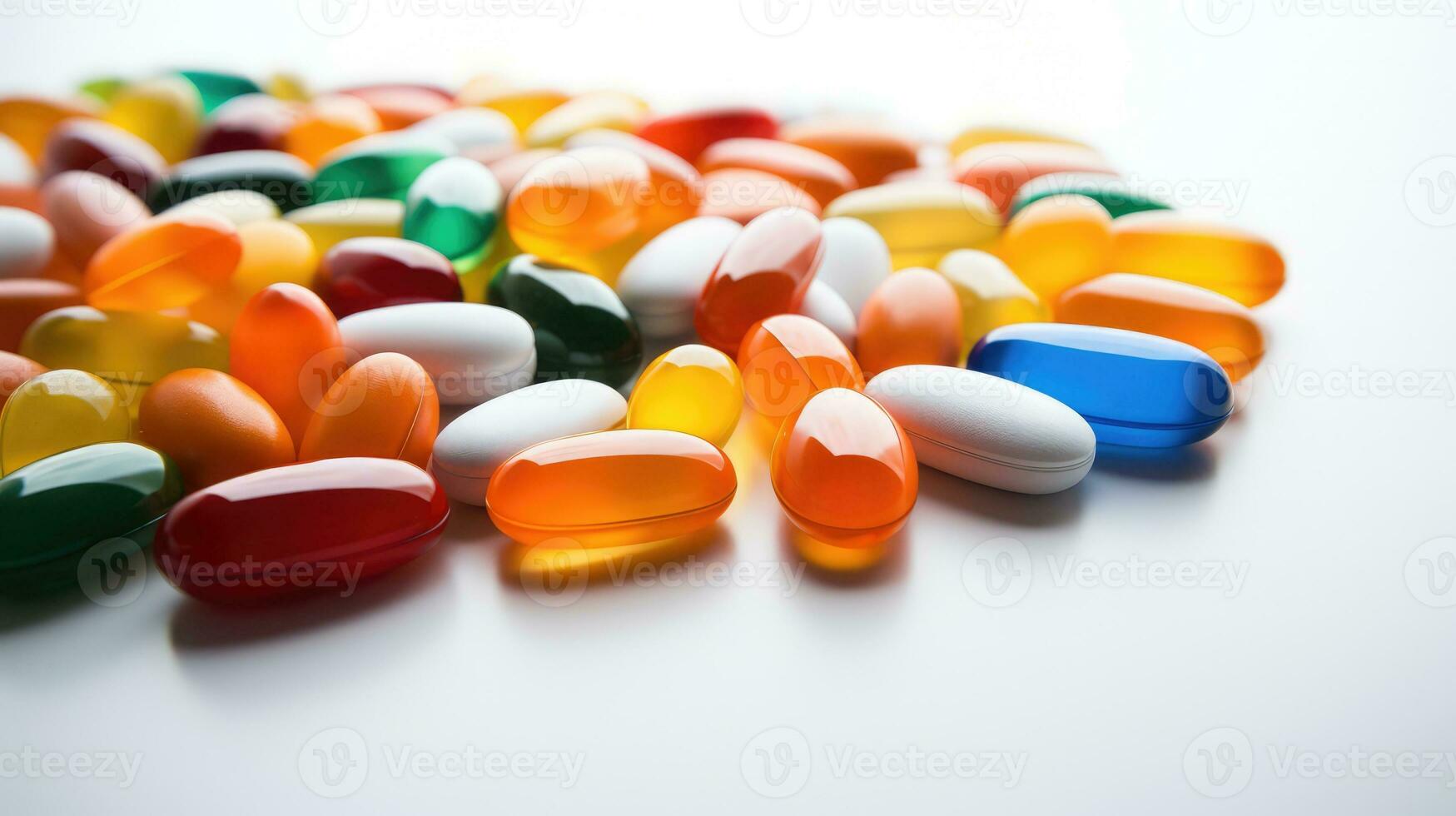 Heap of medicine colorful pills and capsules white background photo