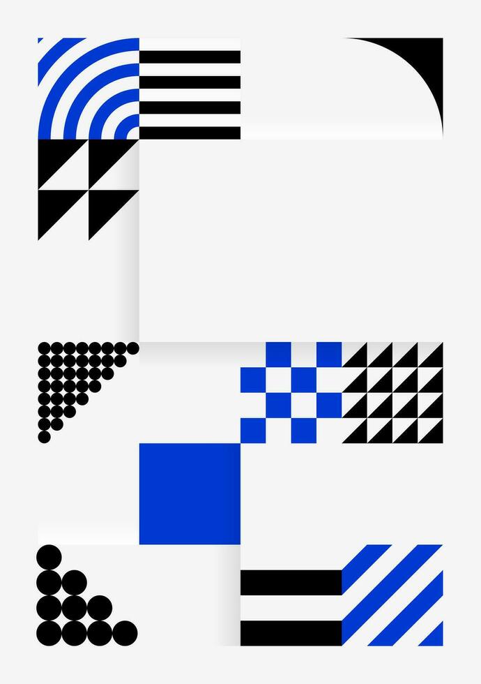 Simple background in Bauhaus style. Abstract geometric patterns in white, black and blue. Template design for posters, banners, websites. Vector illustration.