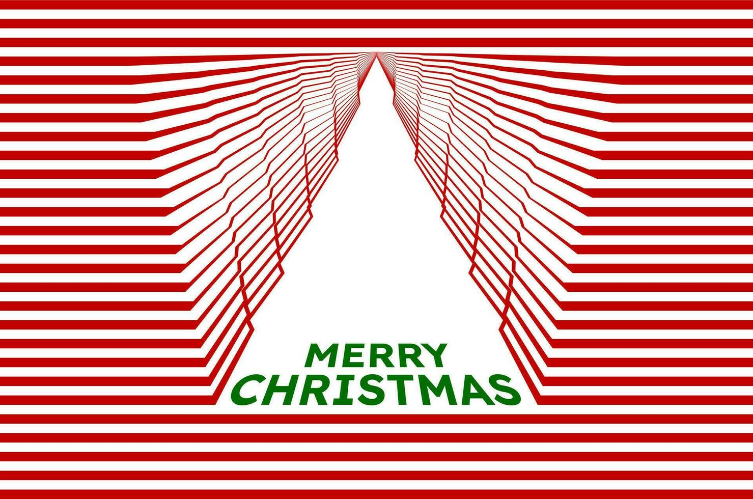 Red line illusion. Green merry christmas lettering. Abstract background in the shape of a white christmas tree. Designs for card, cover, poster, fabric pattern, textile, wall. Vector illustration.