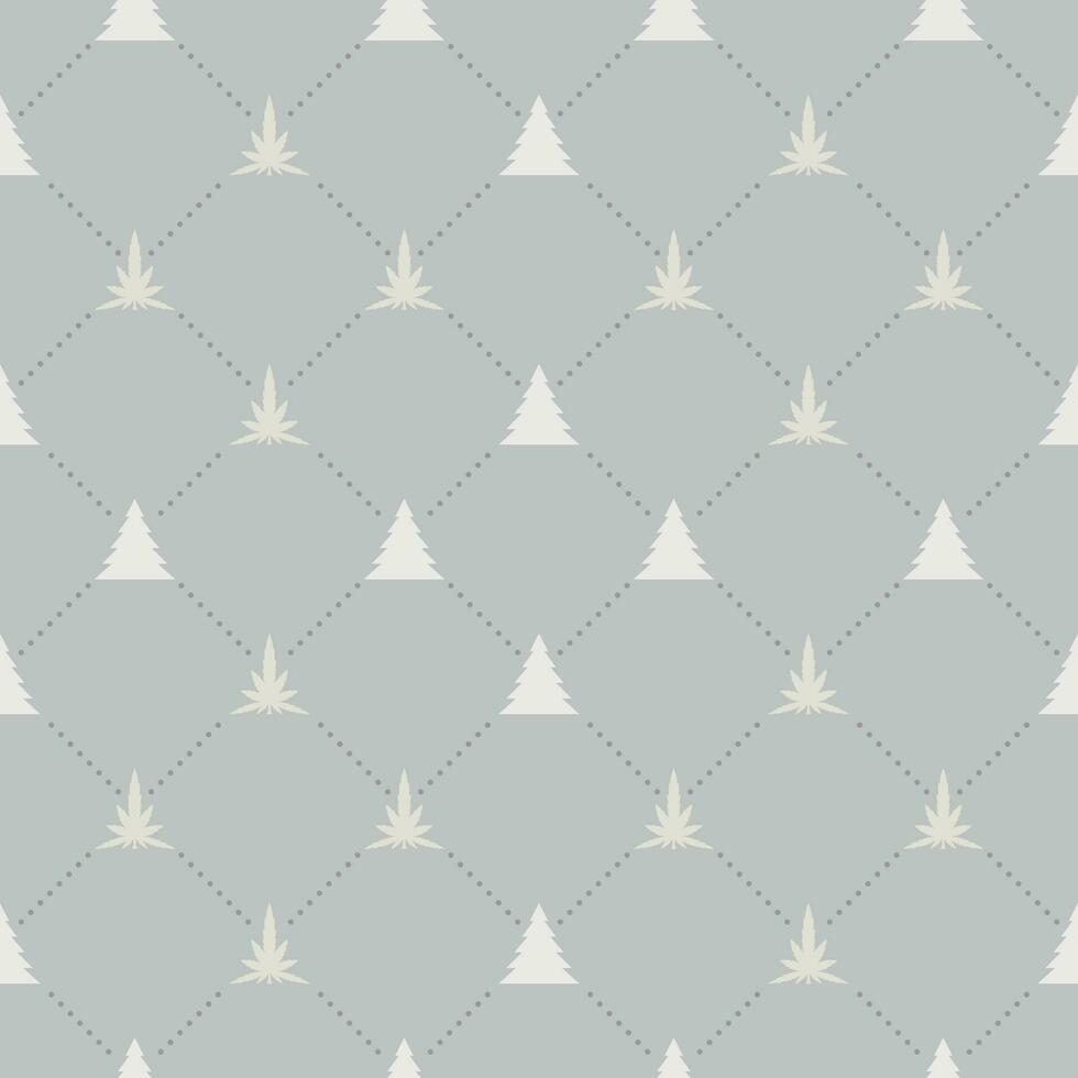 Marijuana leaf pattern and Christmas tree. Background and dotted gray dots. Seamless abstract checkerboard. Texture design for fabric pattern, tile, cover, poster, wall. Vector illustration.