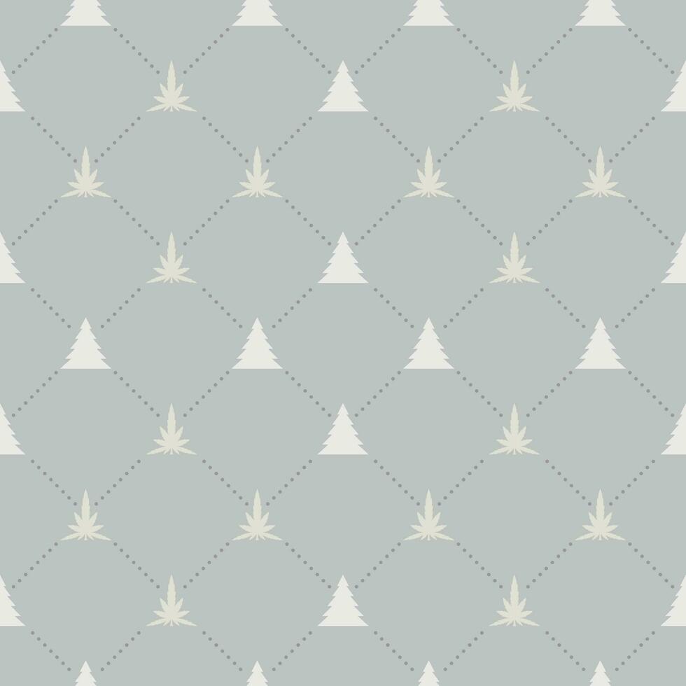 Marijuana leaf pattern and Christmas tree. Background and dotted gray dots. Seamless abstract checkerboard. Texture design for fabric pattern, tile, cover, poster, wall. Vector illustration.