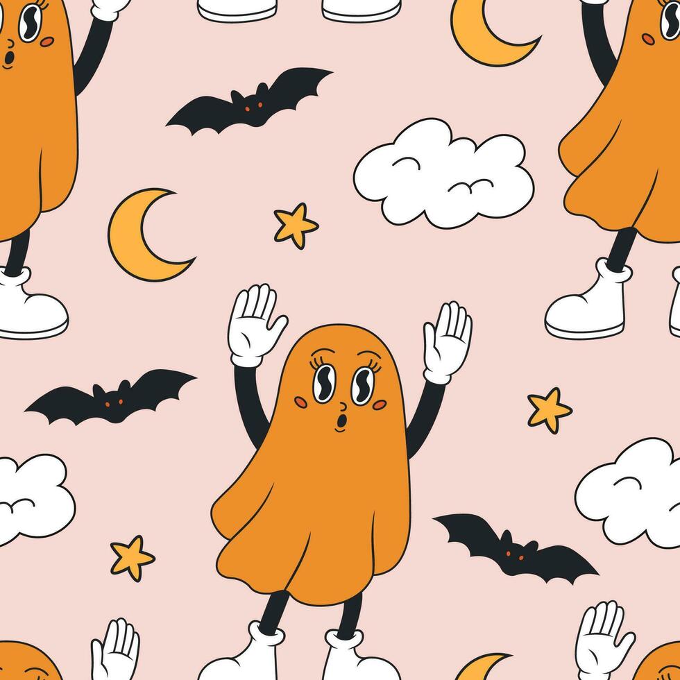 Groovy halloween seamless pattern with comic ghost and bat. Vector flat illustration.