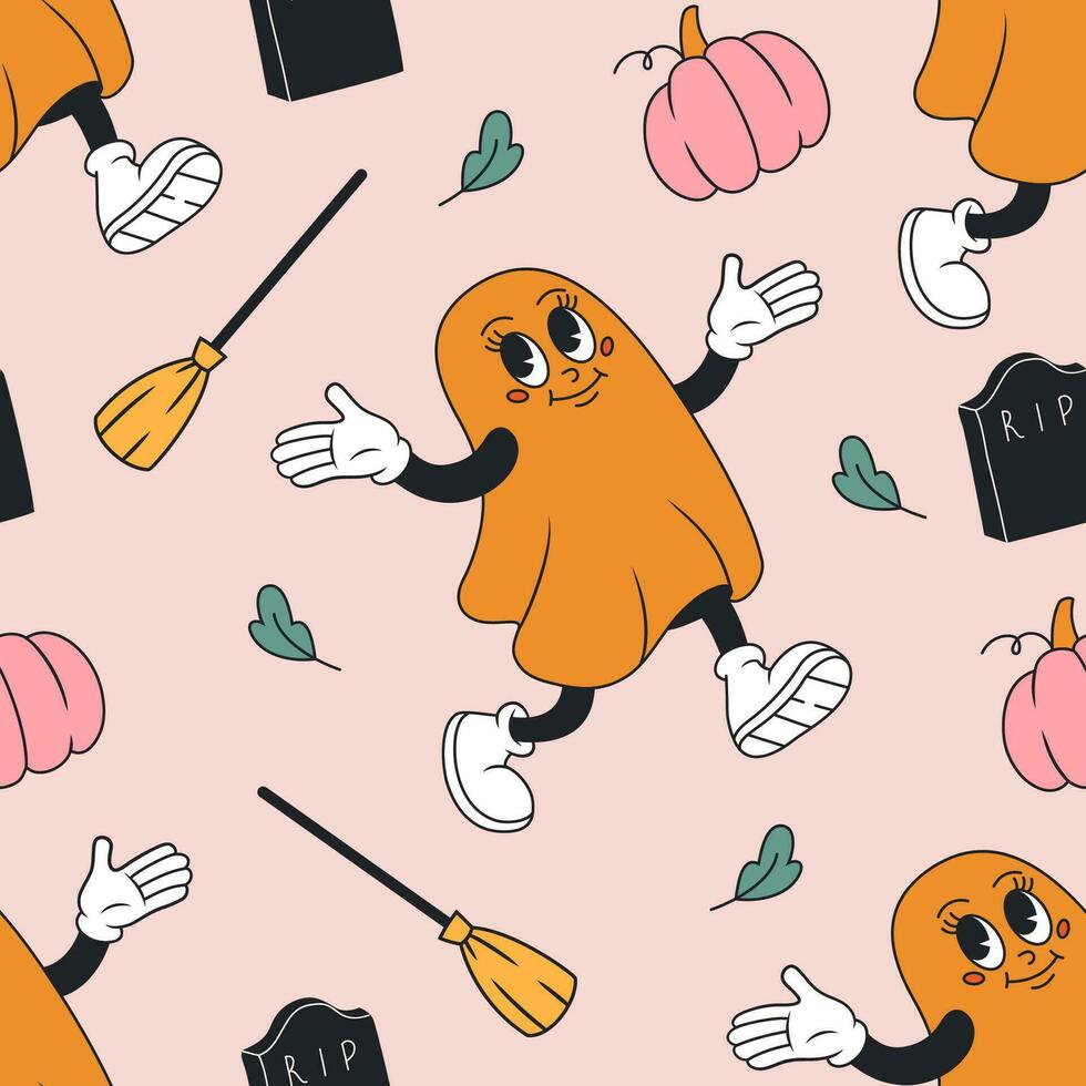 Groovy halloween seamless pattern with ghost, pumpkin, broom. Vector flat illustration.