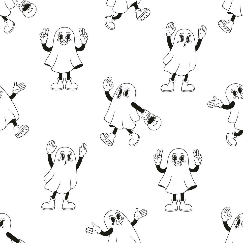 Halloween seamless pattern with retro cartoon ghosts. Groovy funky vector illustration in retro style.