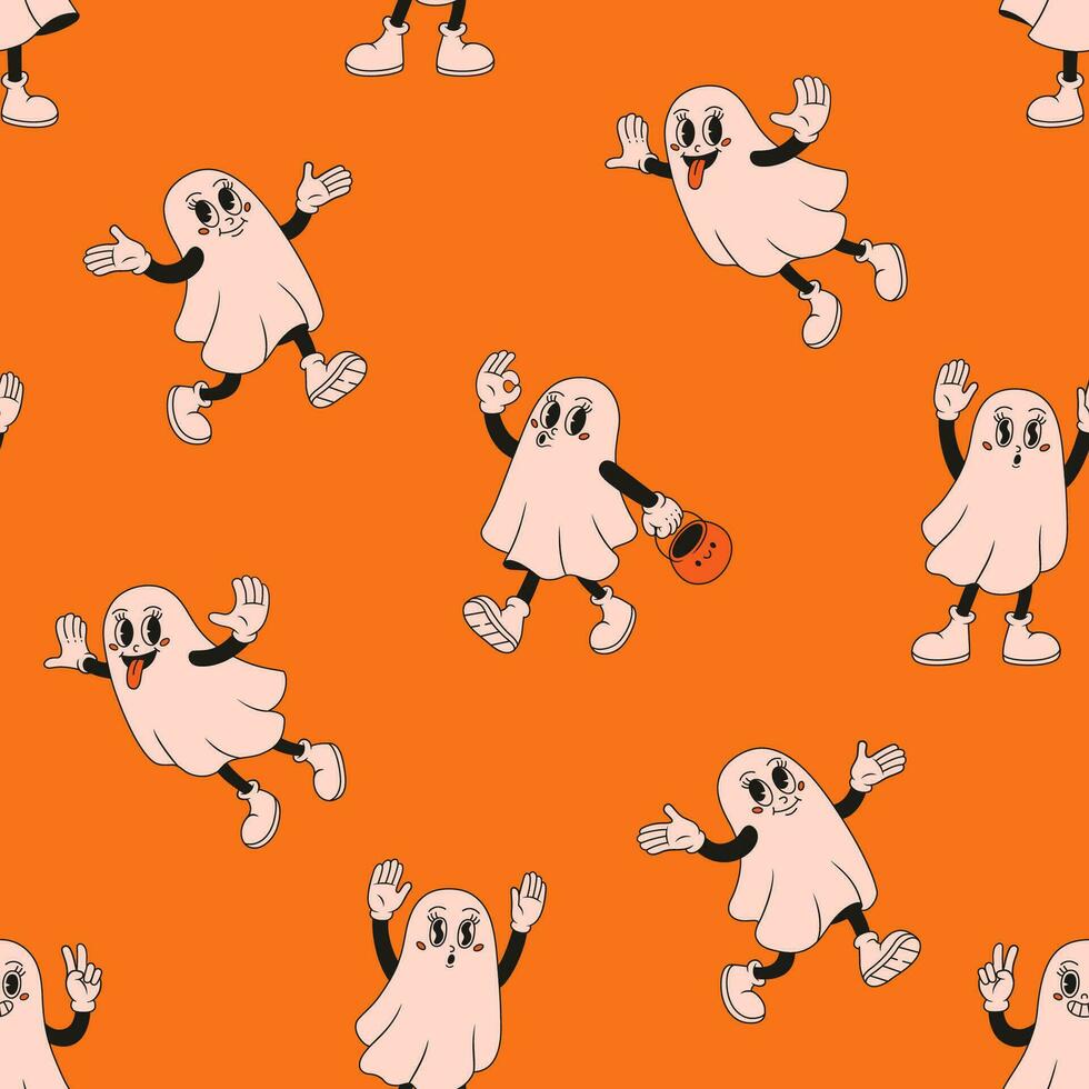 Halloween seamless pattern with retro cartoon ghosts. Comic retro character. Groovy funky vector illustration in retro style.