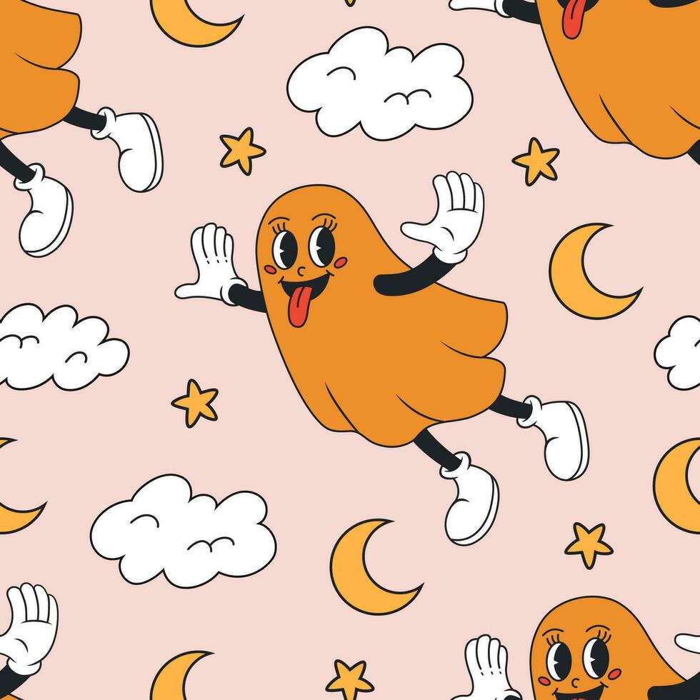 Groovy halloween seamless pattern with ghost, clouds. Vector flat illustration.