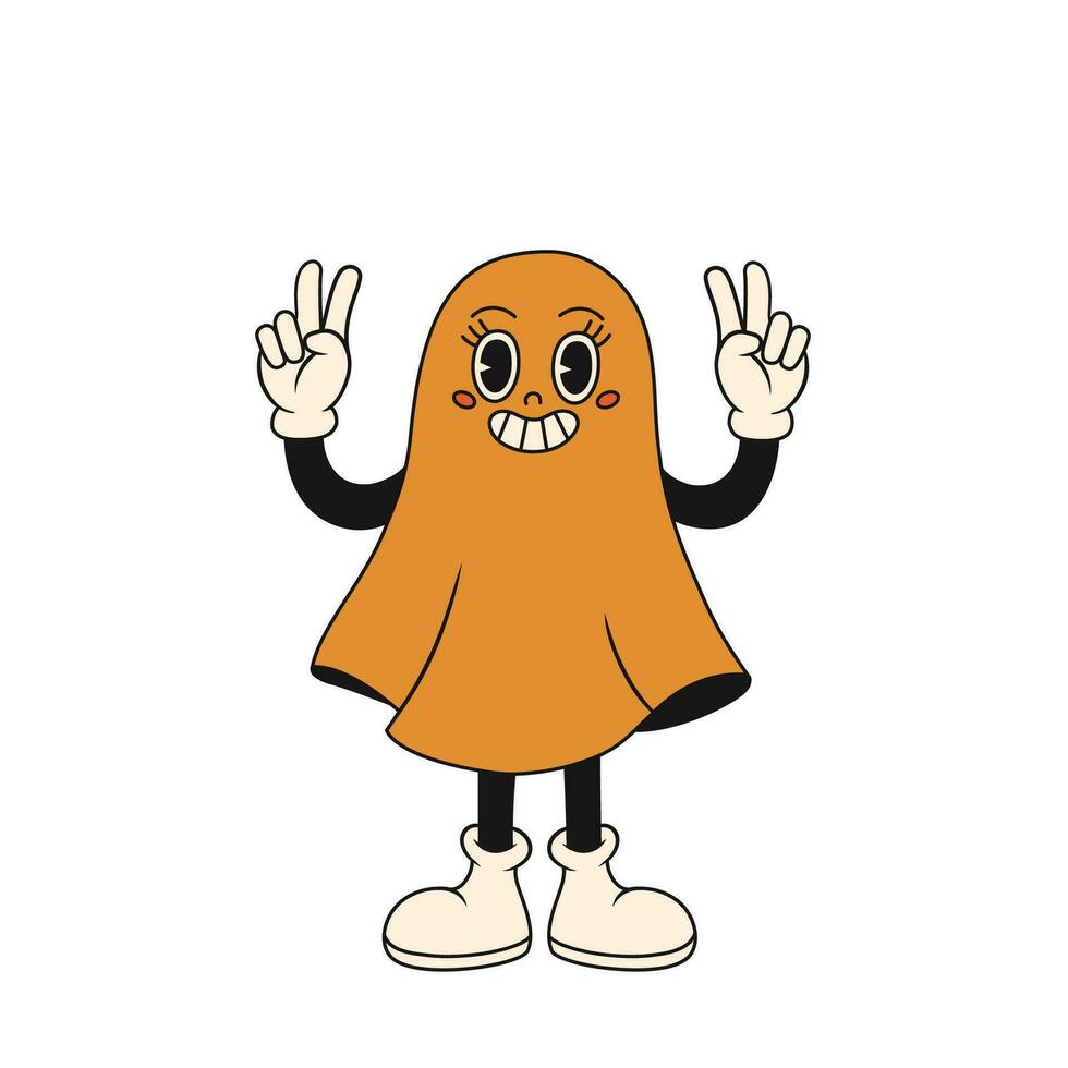 Cute groovy ghost with funny face. Vector illustration in retro style.