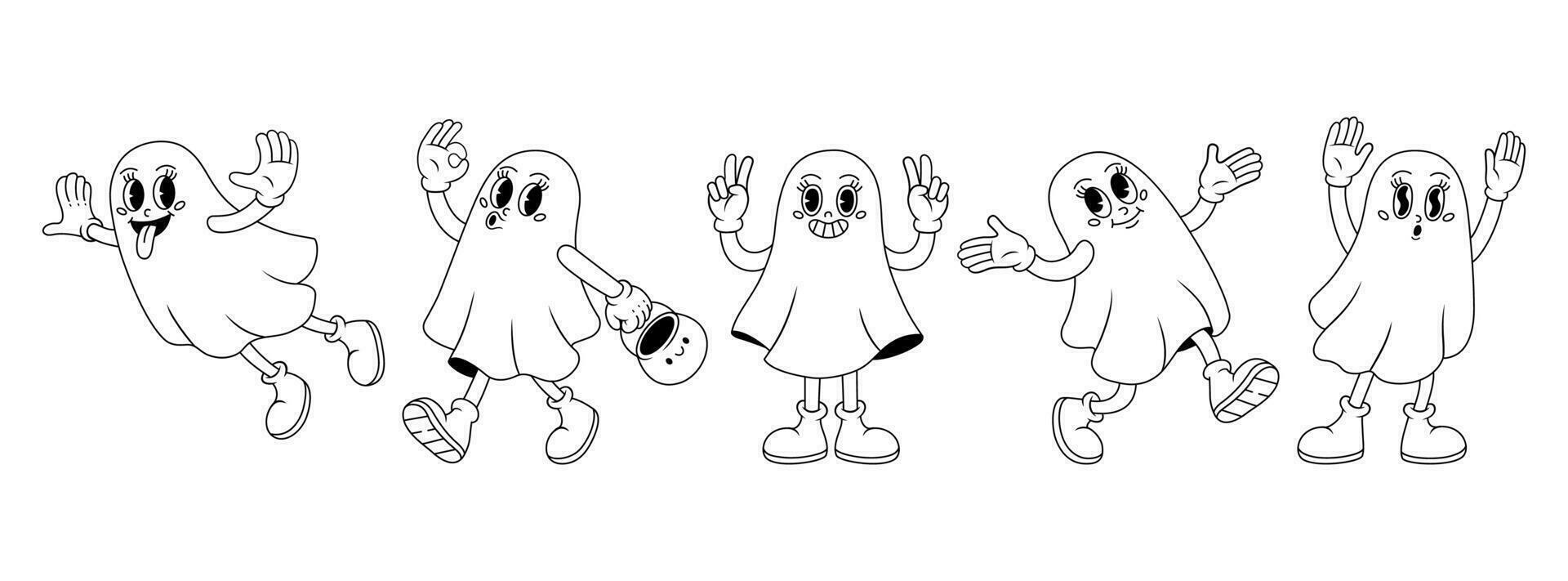 Funny ghosts in different poses. Groovy funky vector illustration in retro style.