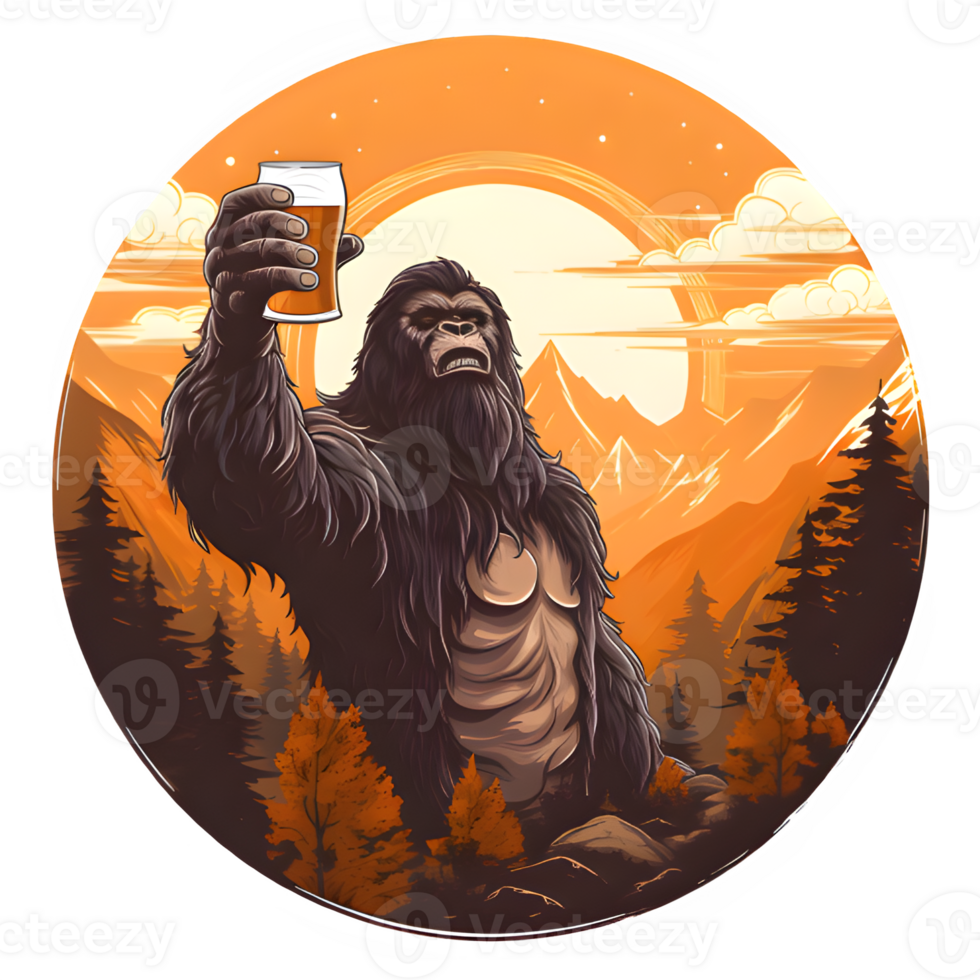 a bigfoot holding a beer in front of a mountain, AI Generative png