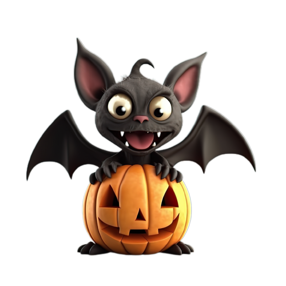 halloween bat cartoon character with pumpkin on transparent background,AI Generative png