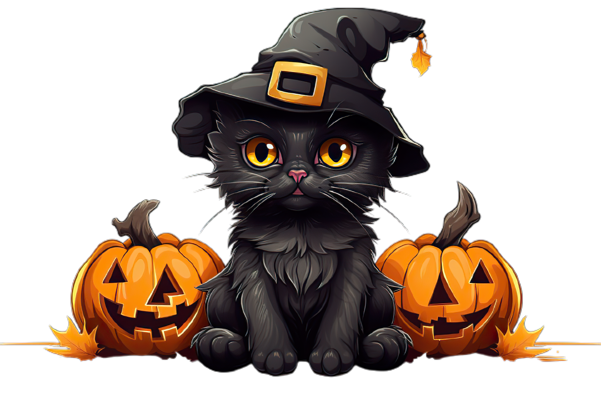 black cat in witch hat with pumpkins on transparent background,AI
