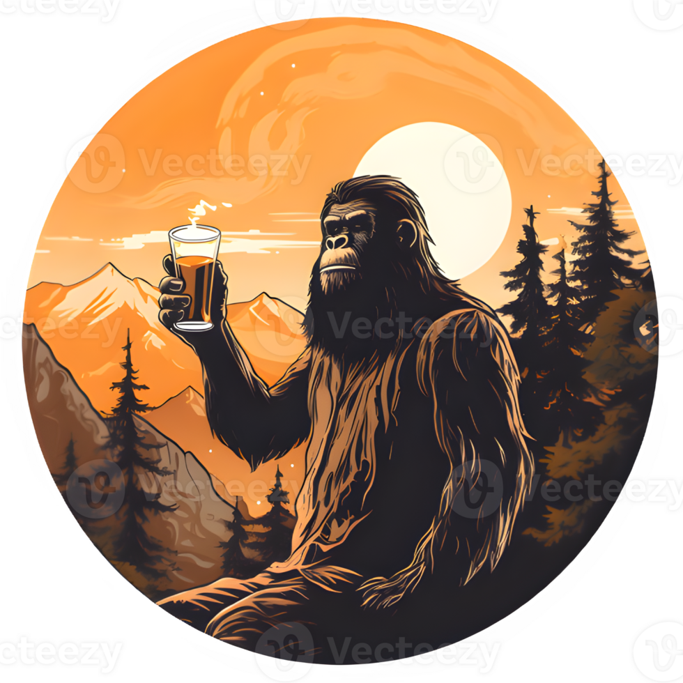 a bigfoot holding a beer in front of a mountain, AI Generative png