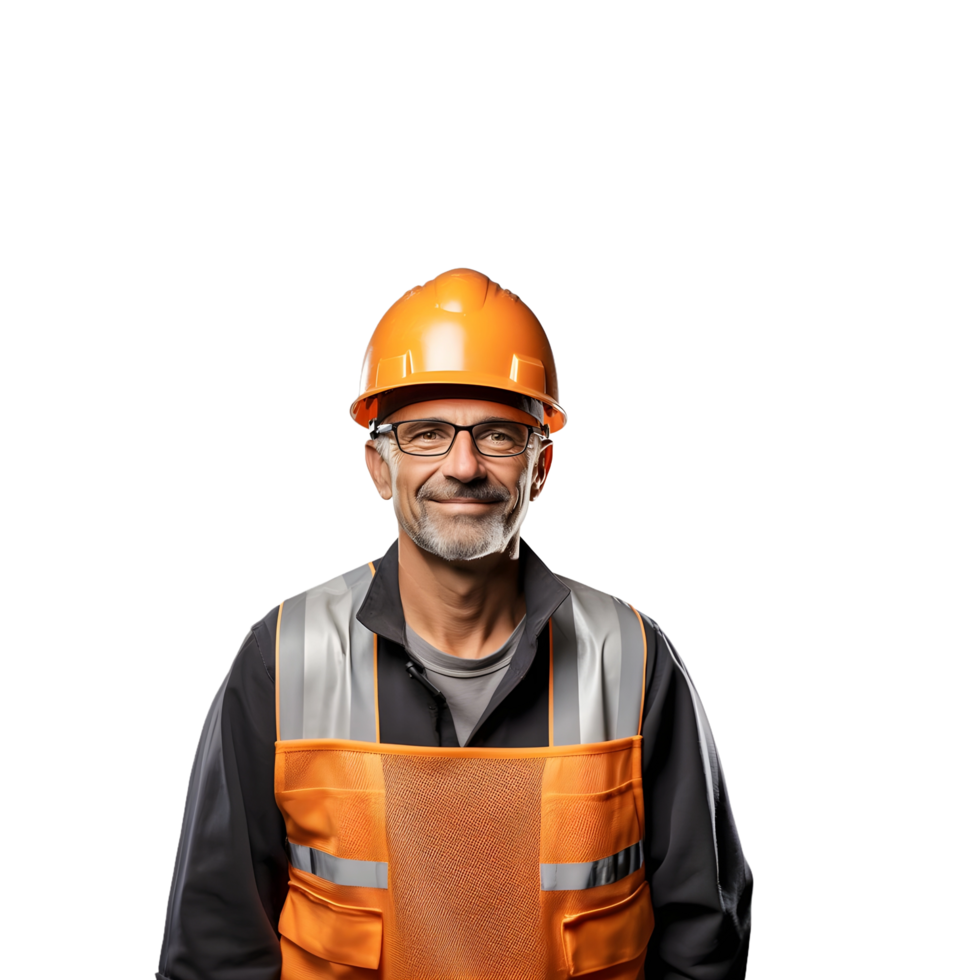 sorridente profissional pesado indústria trabalhador dentro uma protetora uniforme e Difícil chapéu. generativo ai png