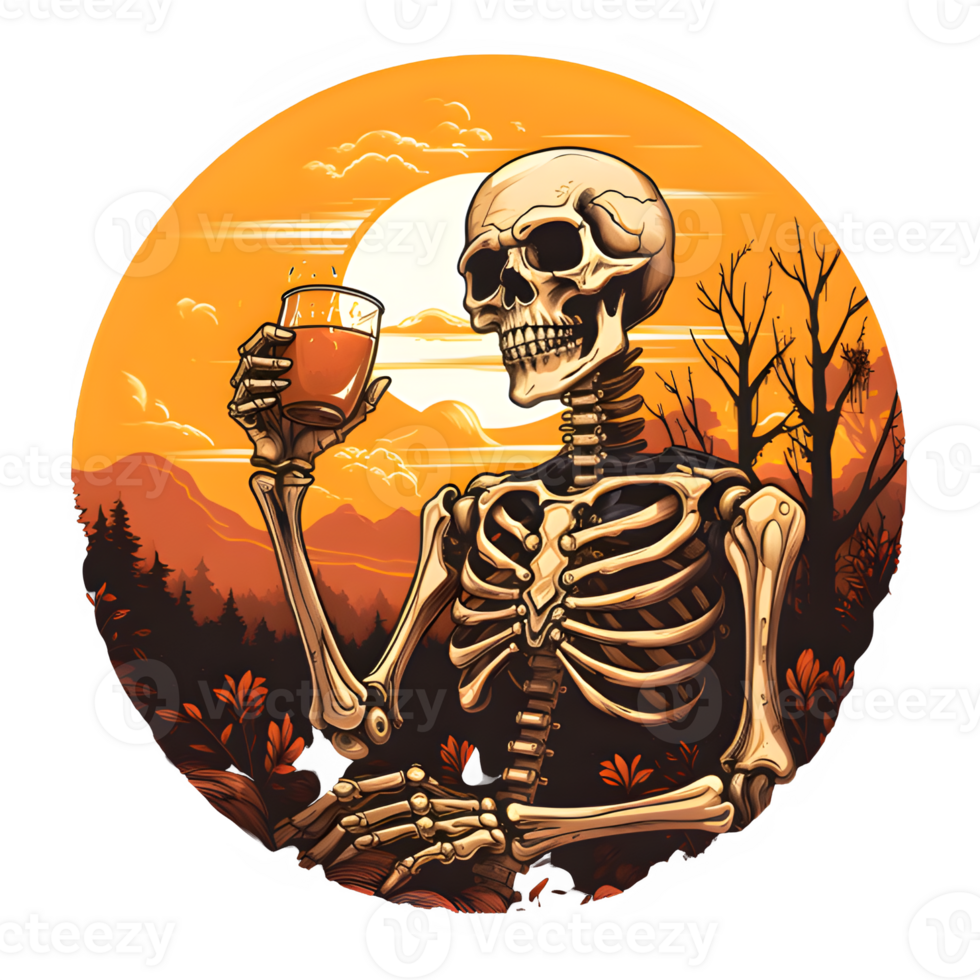 skeleton drinking beer on a hillside with a sunset background, AI Generative png