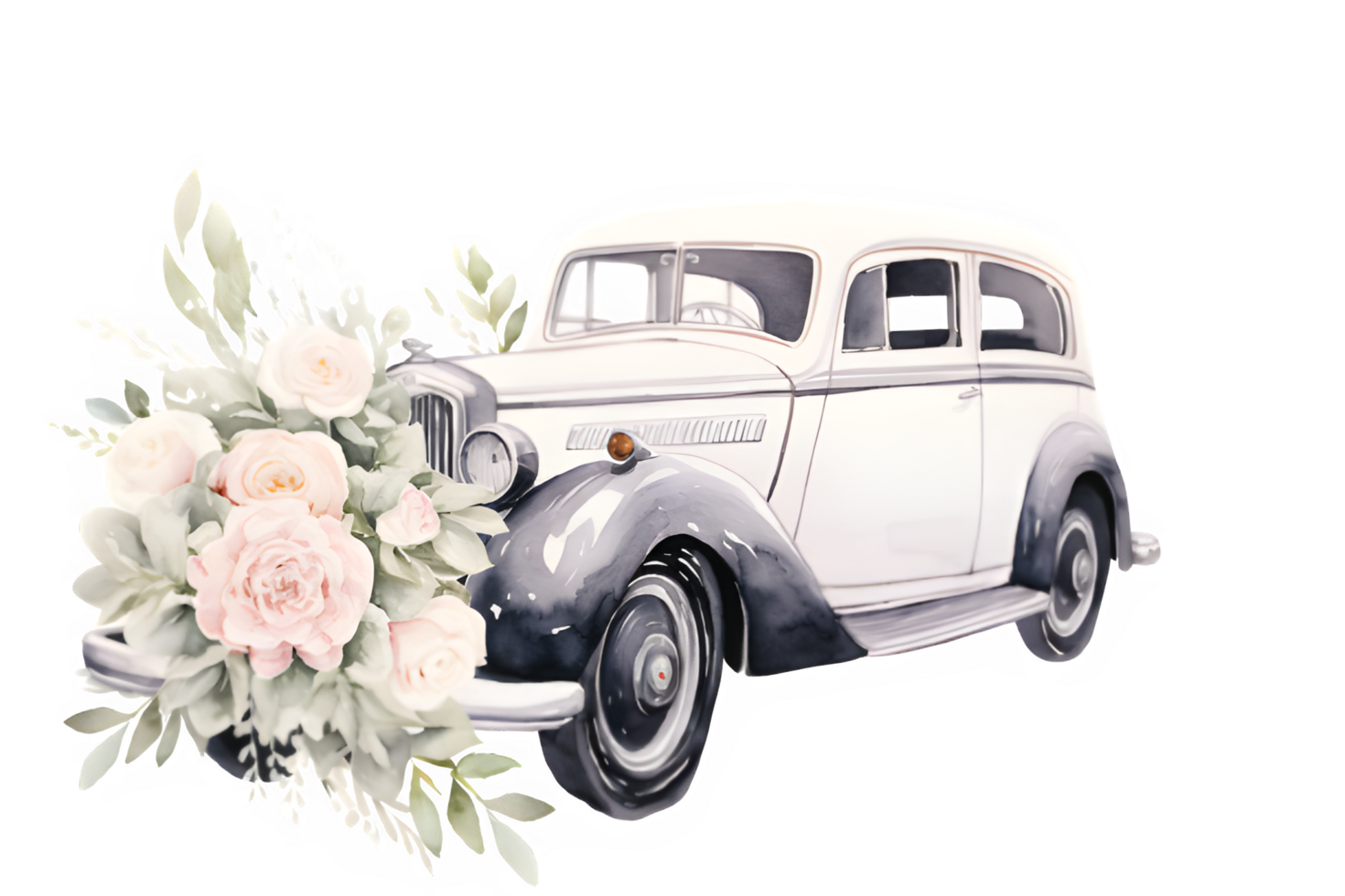 an old car with flowers on it, watercolor illustration,AI Generative png