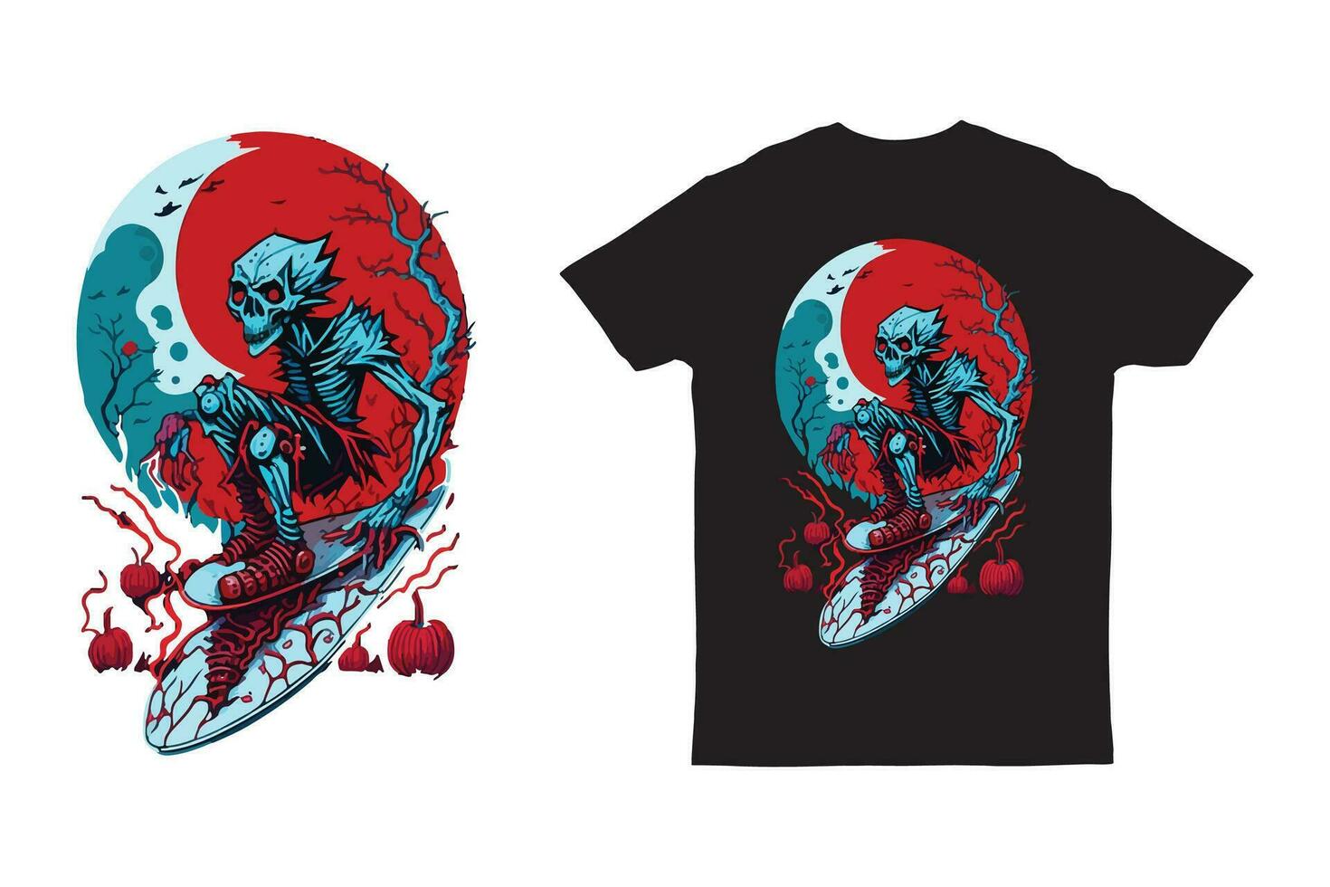 Illustration of halloween t shirt or poster design of zombie on skate board vector