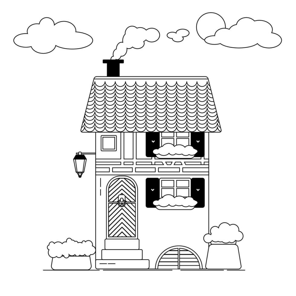 the cutest flat isolated outline black and white old little house vector