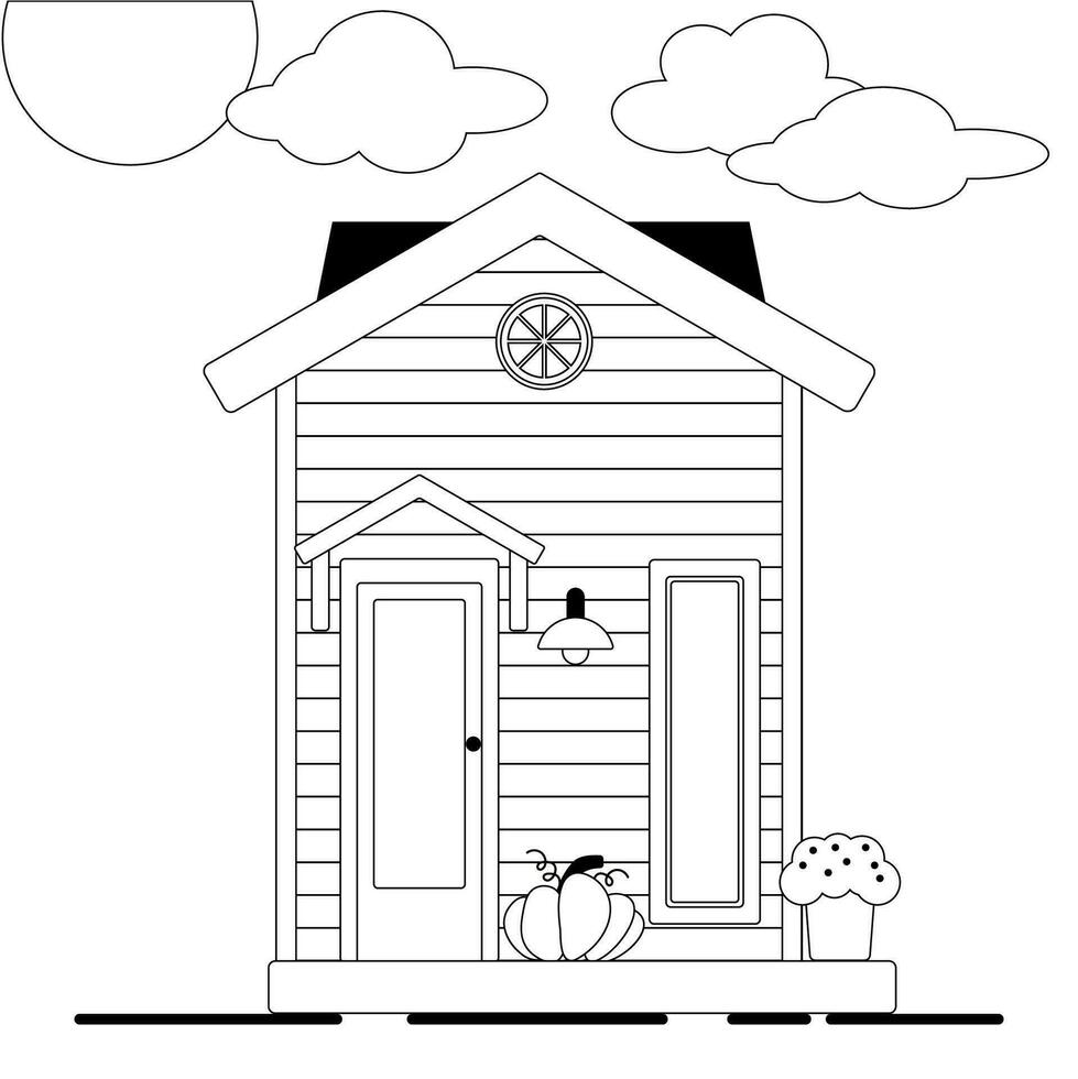 the isolated cartoon black and white cute house. the little outline cottage. vector silhouette of maisonette