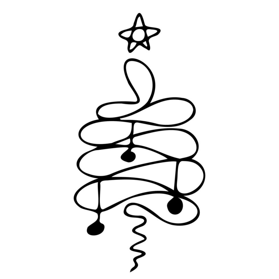 New year element fir or pine with christmas toys and star. Hand drawn Sketch Christmas tree vector