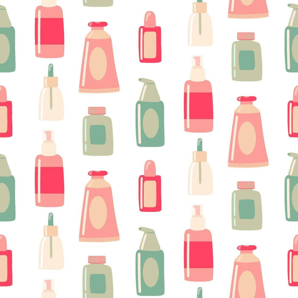 Seamless pattern with of Beauty elements, bottle, containers, jars. cream, lotion, toothpaste, soap, conditioner background vector