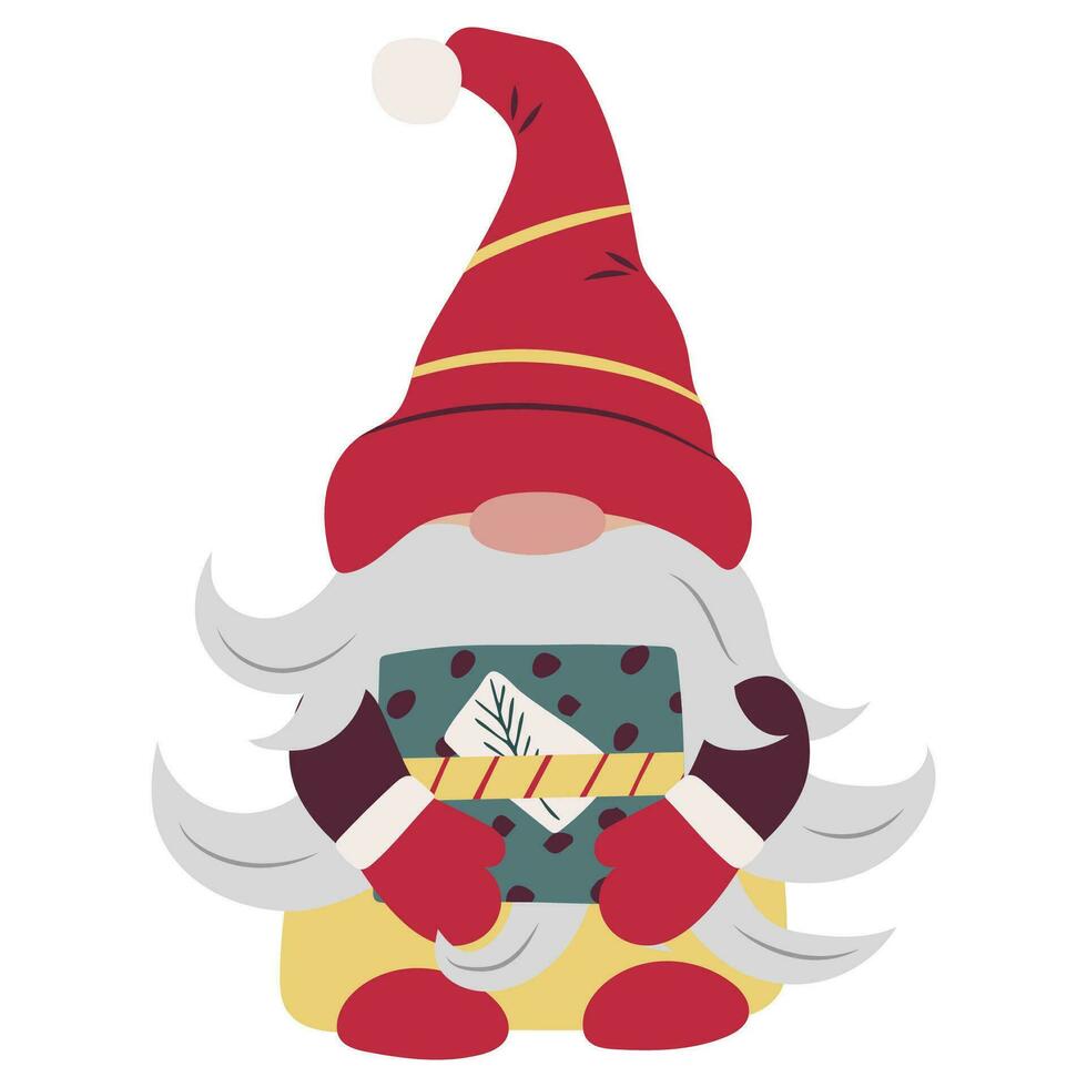 linda gnomo con largo barba y rojo sombrero aislado en blanco. escandinavo dibujos animados personaje con regalo para Navidad decoración. hada cuento enano vector