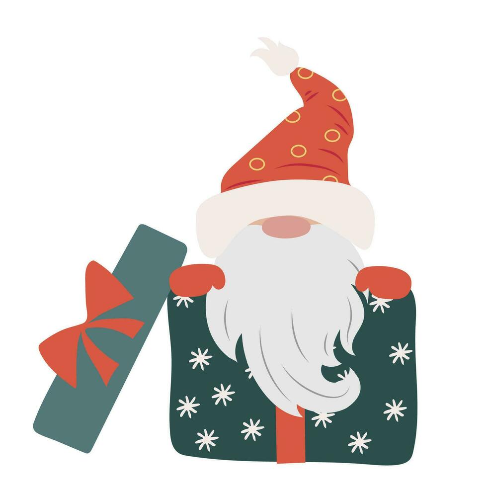 linda gnomo con largo barba y rojo sombrero aislado en blanco. escandinavo dibujos animados personaje en regalo caja para Navidad decoración. hada cuento enano vector