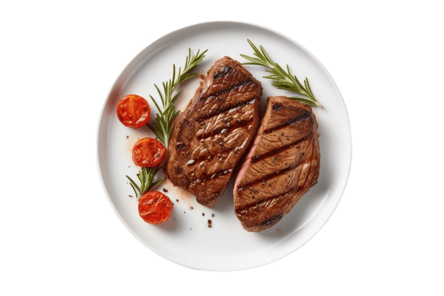 grelhado bife com tomates e alecrim em uma prato, ai generativo png