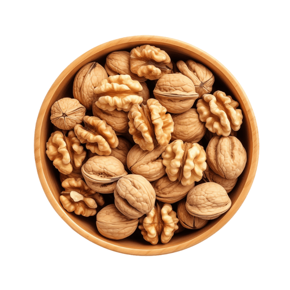 Walnut kernel halves in a wooden bowl png,AI Generative png