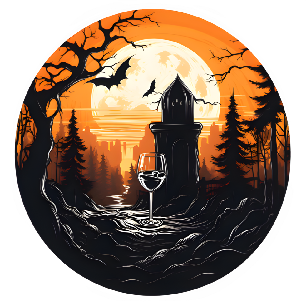 halloween night with wine glass and castle in the forest, AI Generative png