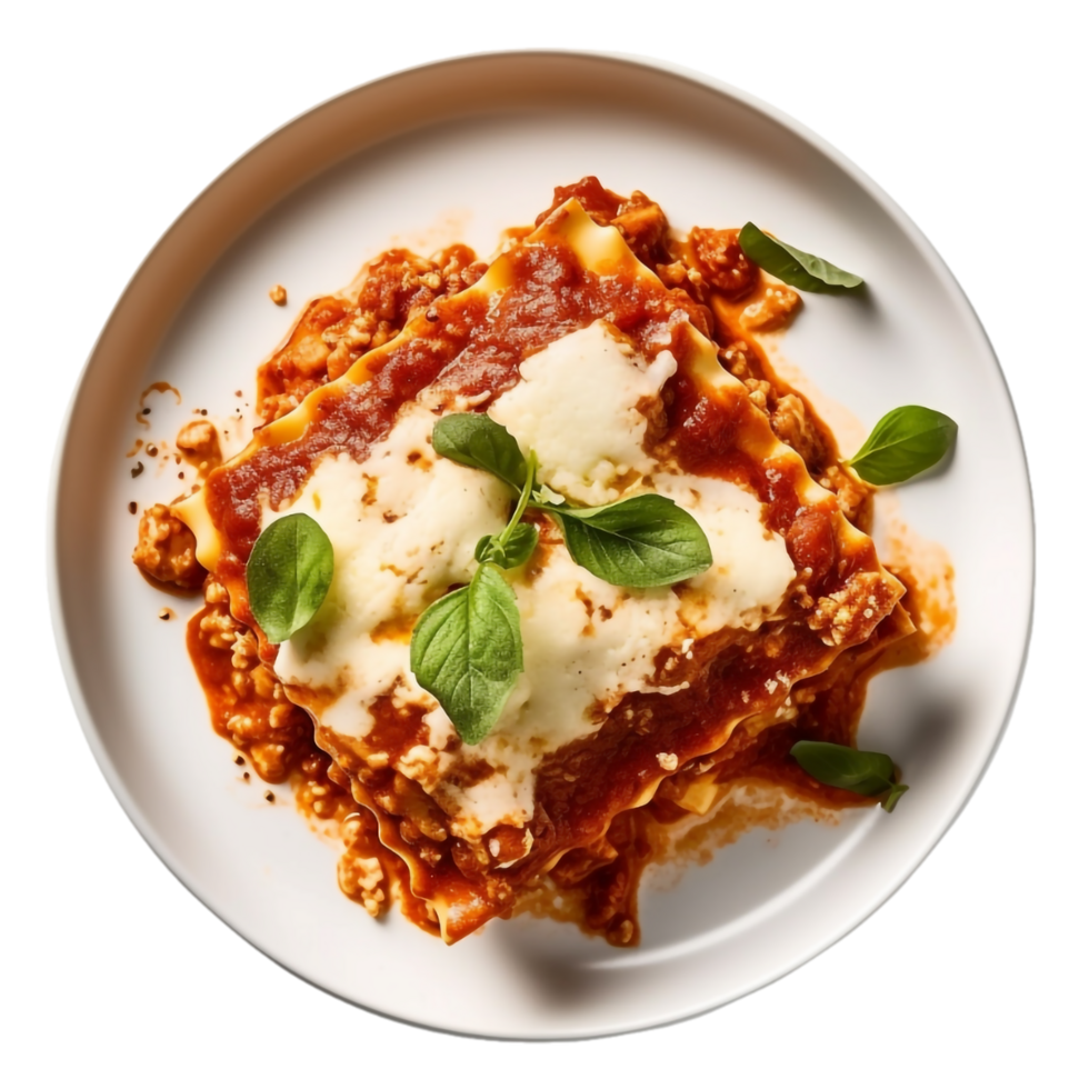 lasagna with cheese and basil on white plate,AI Generative png
