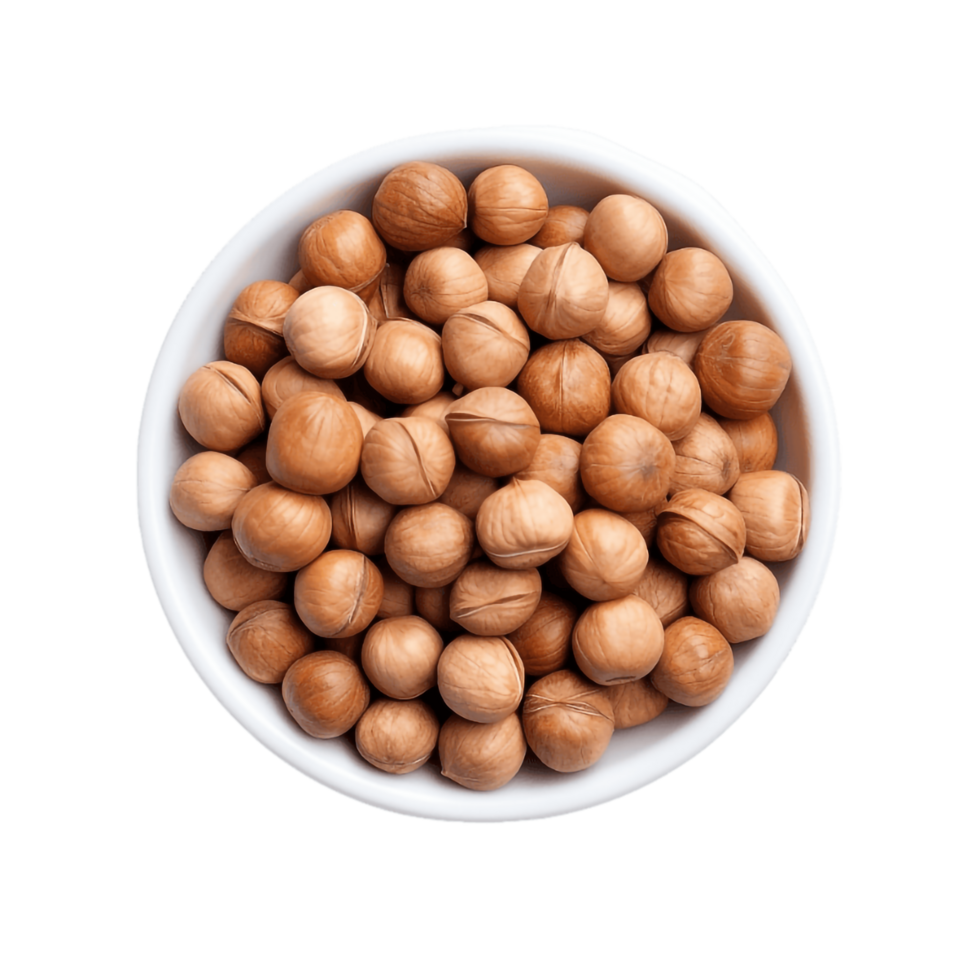 nutty hazelnuts in a bowl on a transparent background,AI Generative png