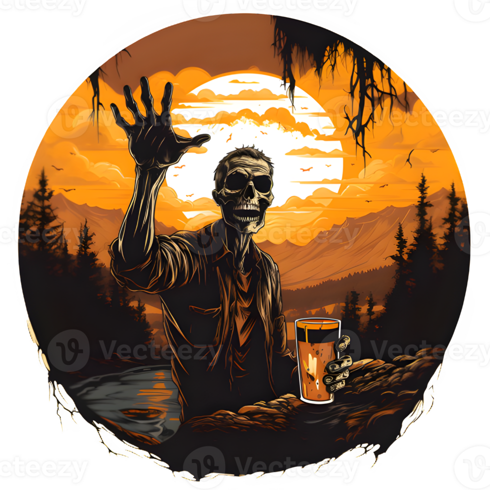 ein Zombie halten ein Bier im Vorderseite von ein Sonnenuntergang, ai generativ png