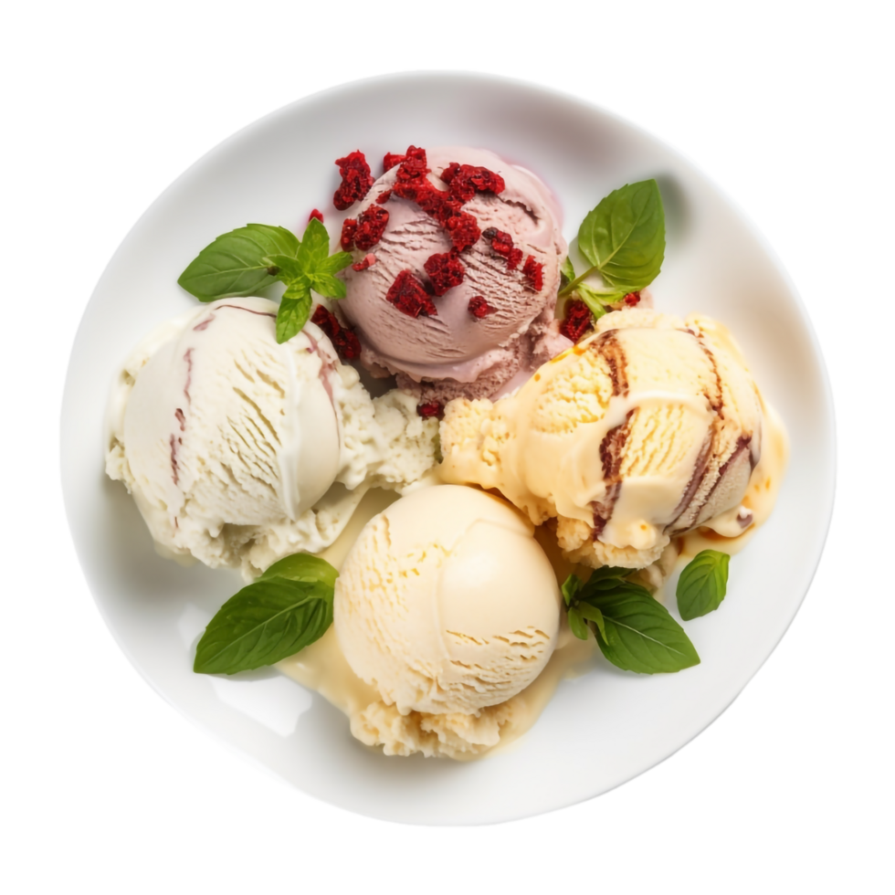 Four scoops of different flavour ice cream on a plate,AI Generative