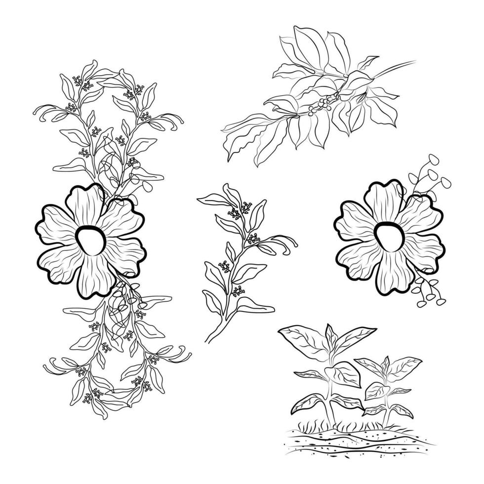Line art various trunks and foliage of plants, forest trees. Sketch style, line hand drawing. tree Illustration. Line and silhouette of trees isolated vector