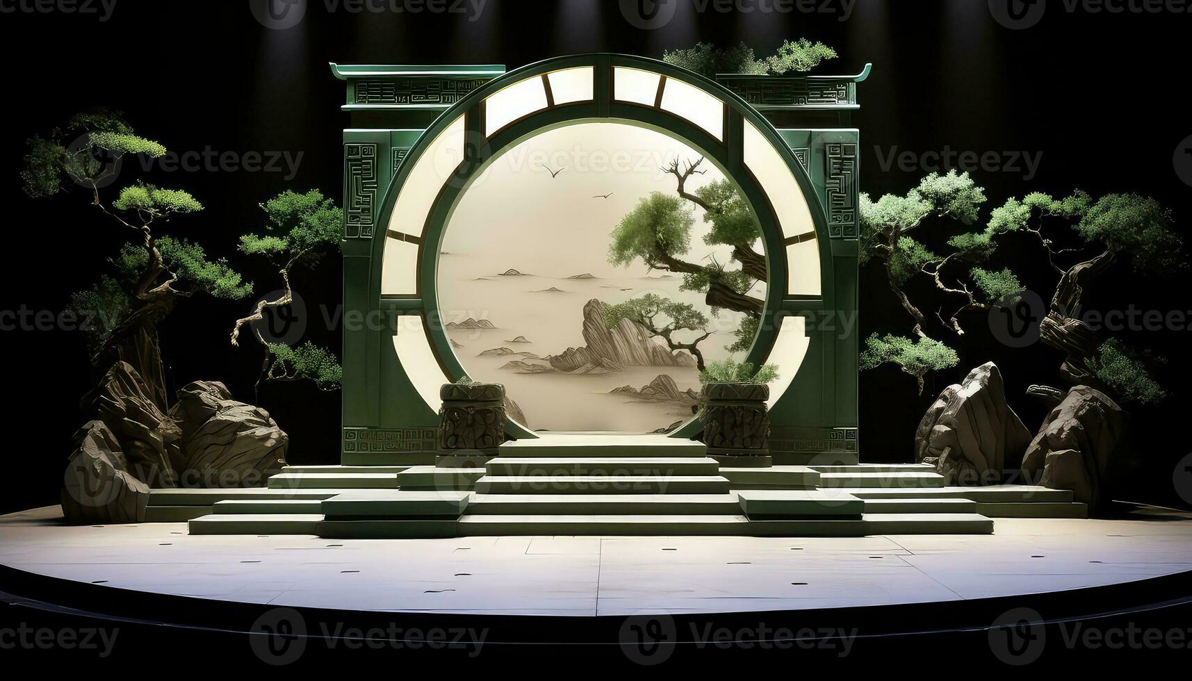 Small Minimalist Stage with White and Green Chinese City Gate AI generated photo