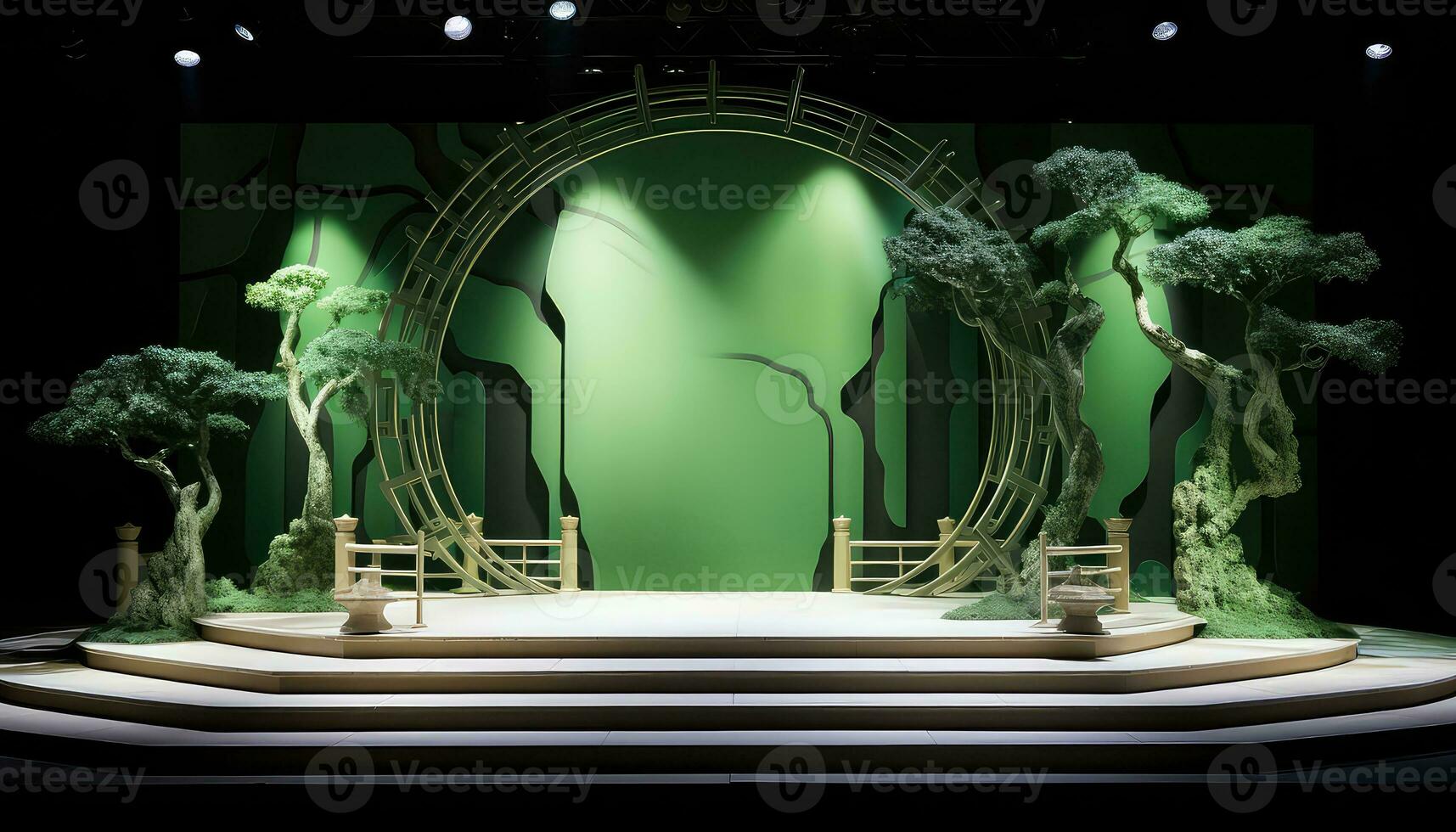 Small Minimalist Stage with White and Green Chinese City Gate AI generated photo