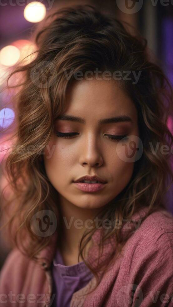 A girl with eyes closed hair styled in loose waves, wearing a pink shirt or jacket - AI Generative photo