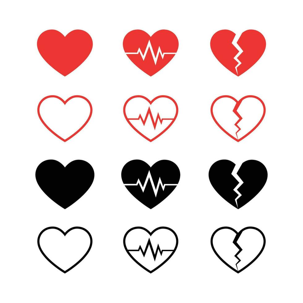 Heart vector icons. Set of heartbeat, broken heart, and Normal heart symbol icon collection