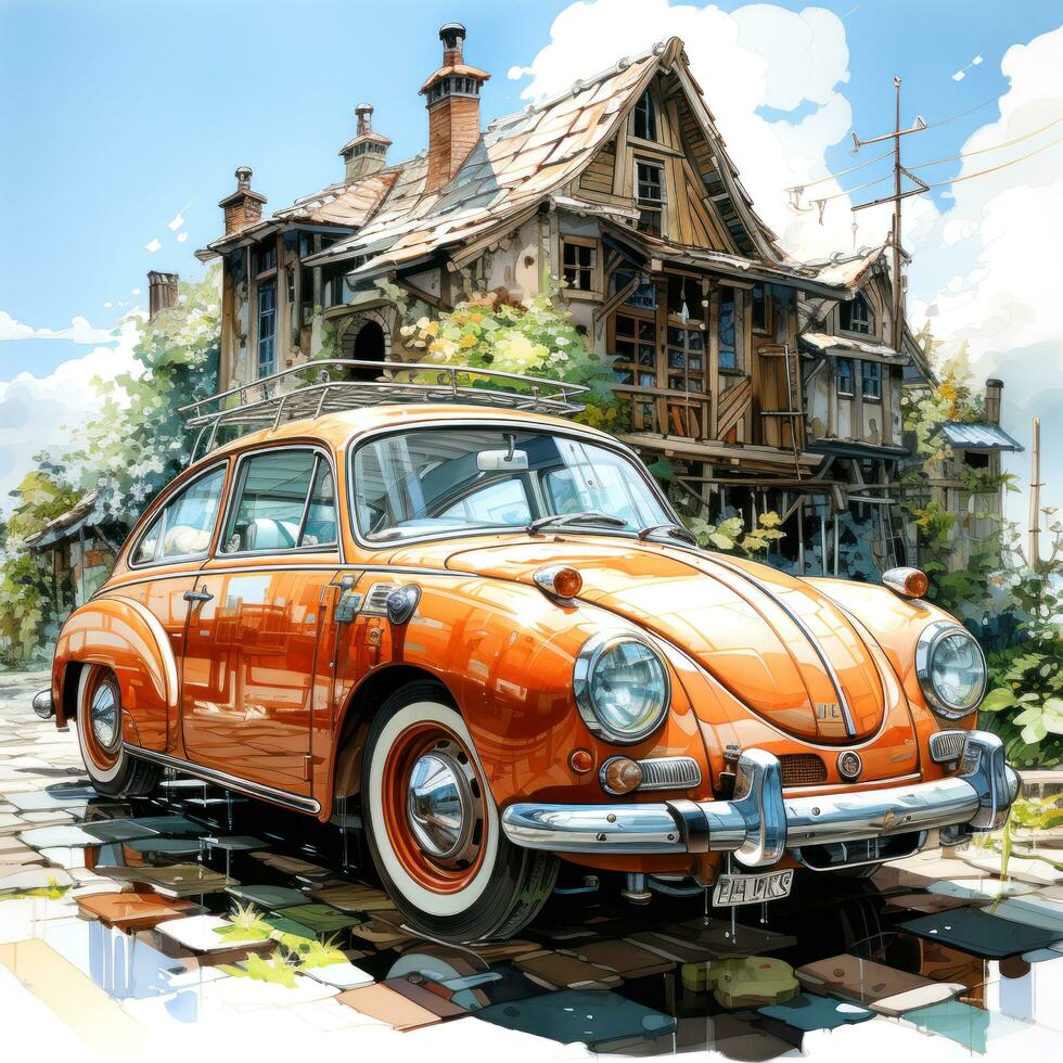 An orange car watercolor paint photo