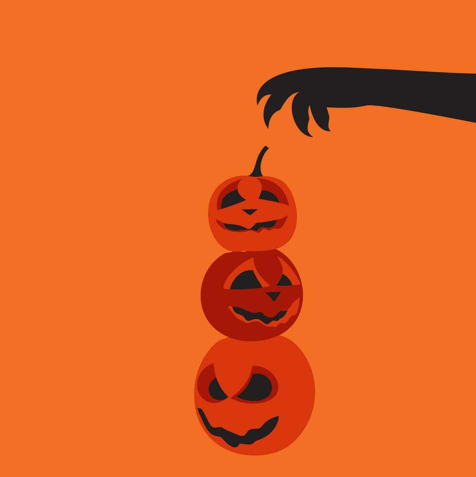 Three scary Halloween pumpkins in the shape of a pyramid, controlled by Dracula s hand vector