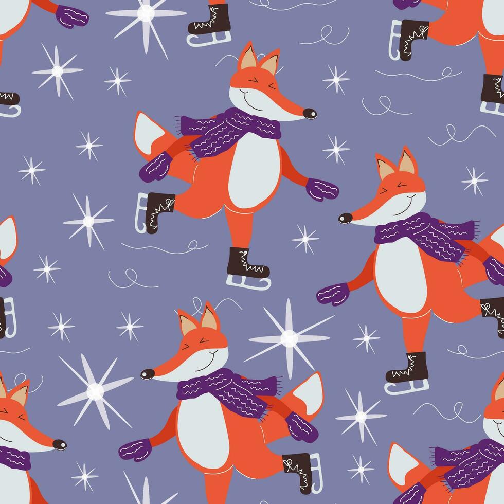 Seamless pattern of a happy fox in mittens and a scarf skating on the ice. Vector cartoon illustration, winter purple background for packaging, wallpaper